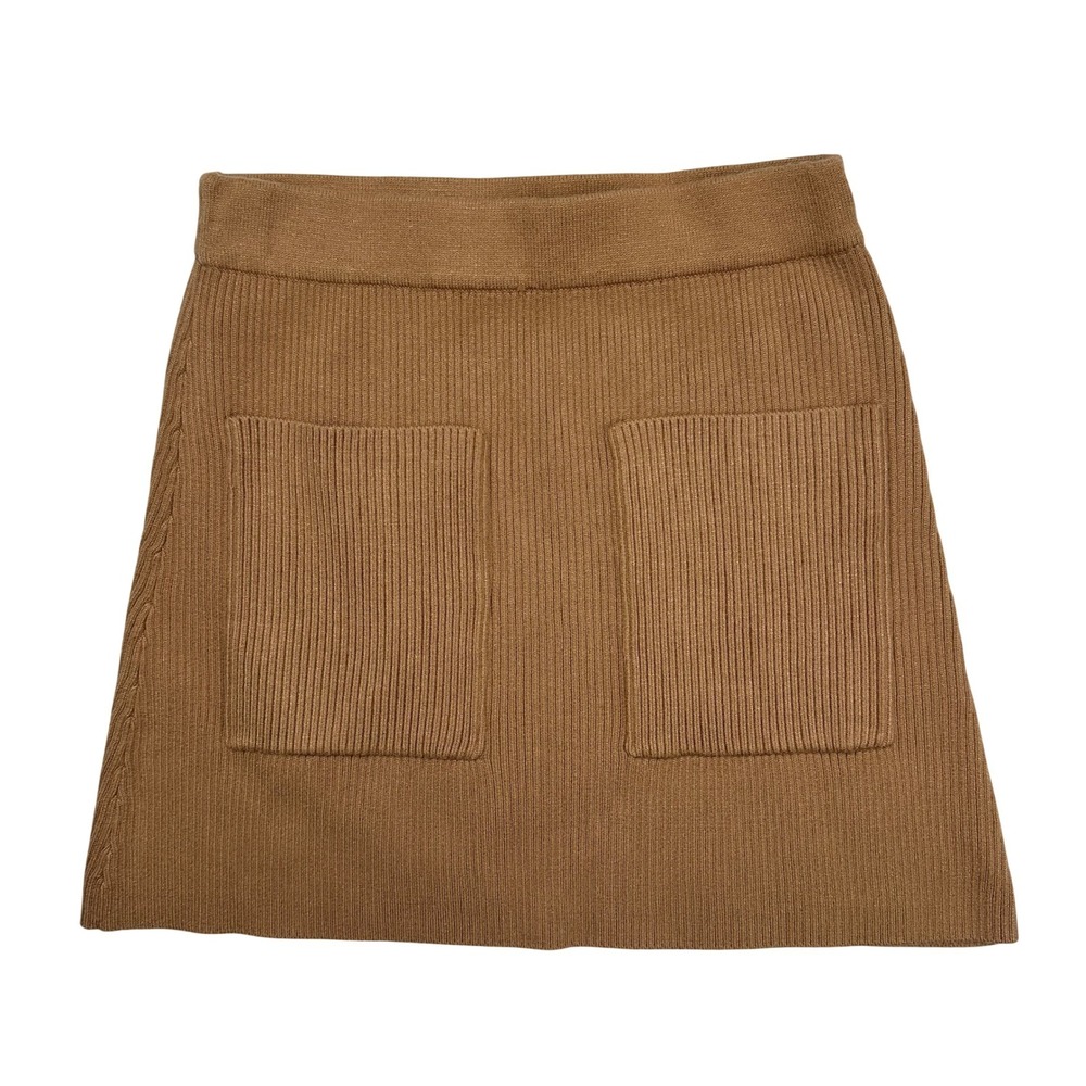 Zara Womens Ribbed Knit Mini Skirt Camel Brown Patch Pockets Size S 5536/006/704